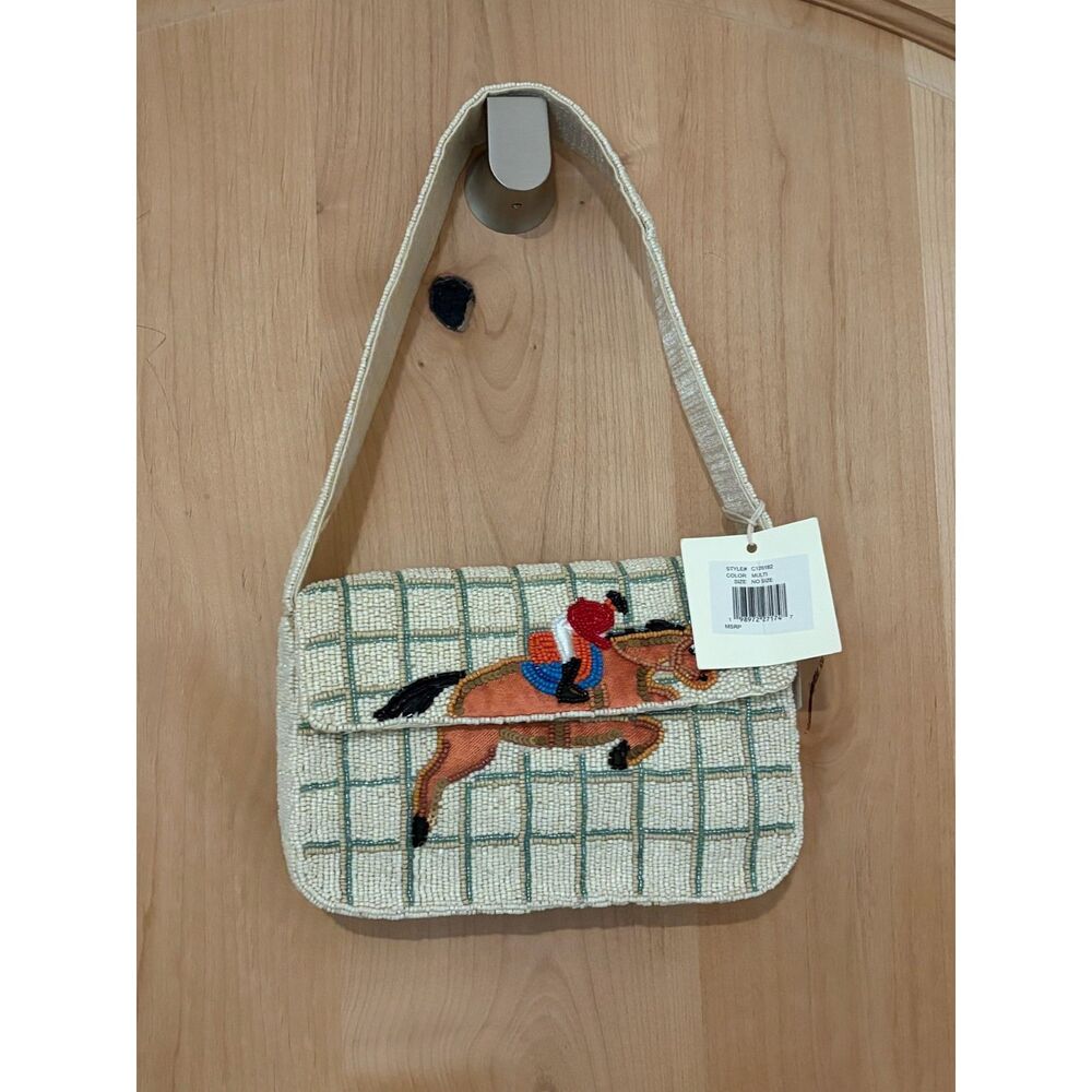 Beaded Equestrian Horse & Rider Flap Shoulder Bag Plaid Grid Jockey Purse NWT